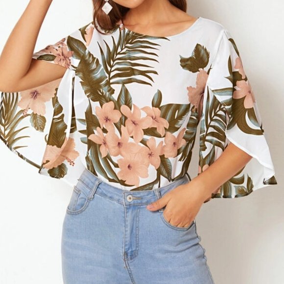 White Tropical Top with Split Sleeves in XS, M, L - Picture 1 of 3